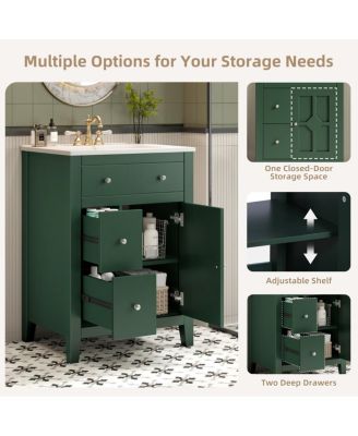 Bathroom Vanity with Ceramic Basin, Modern Cabinet with 2 Drawers, Soft-Closing Door & Adjustable Shelf for Small Bathrooms