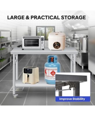 Folding Stainless Steel Table Commercial Work Table with Casters & Undershelf for Home & Restaurant