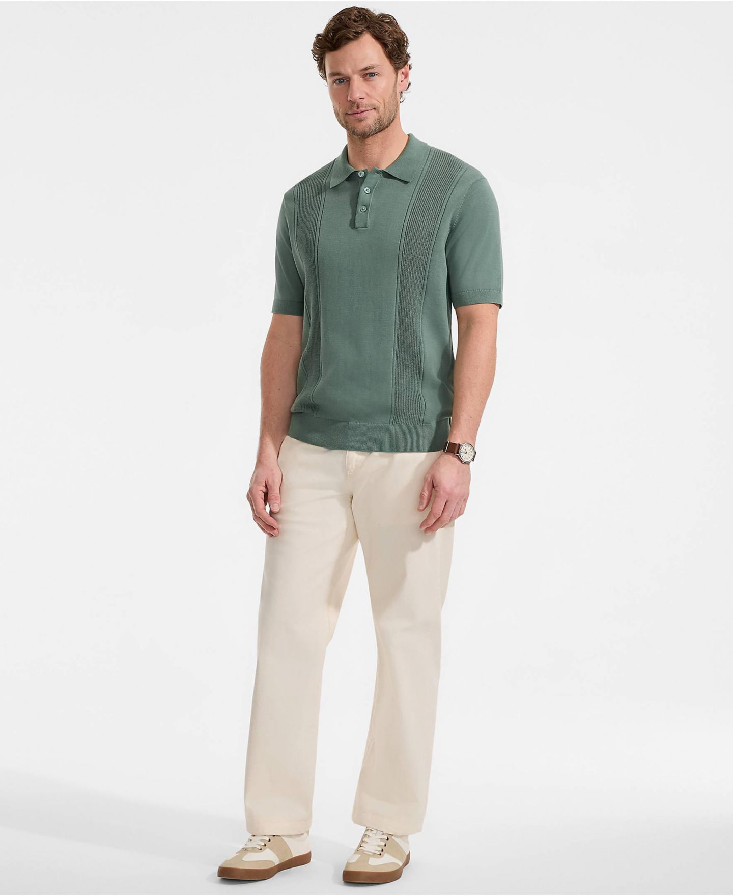 Мужские топы Lands' End Short Sleeve Vertical Rib Button Down Sweater Polo, цвет: Eucalyptus — фото 4