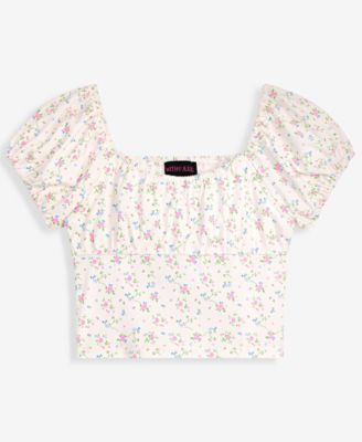 Girls' 7-16 Ruched Floral Print Short-Sleeve Milkmaid Top