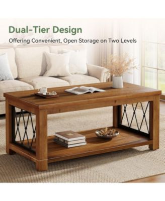 47.2" Solid Wood Coffee Table, Farmhouse Rectangular Center Table, 2-Tier Low Cocktail Tea Table