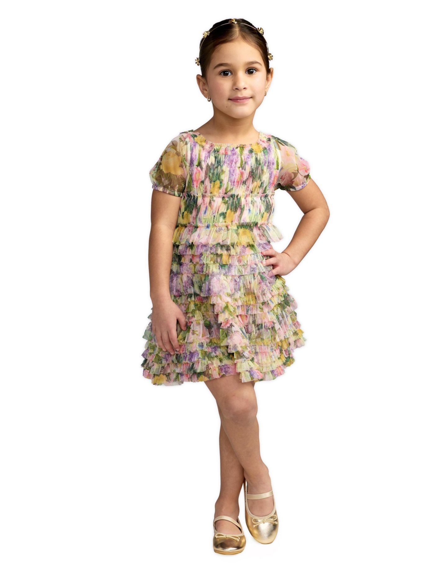 Платье Mac Duggal Floral Scoop Neck Ruffle Dress для девочек, цвет: Жёлтый разноцветный — фото 1