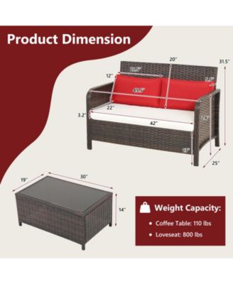 2PCS Patio PE Wicker Rattan Loveseat Sofa Set w/ Coffee Table and Cushions