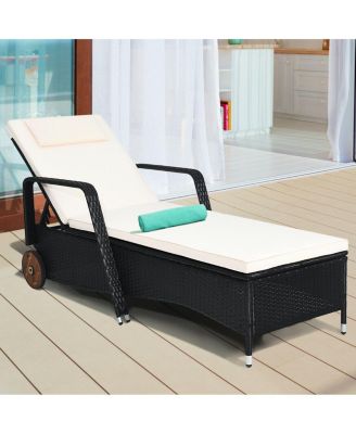 Reclining Outdoor Rattan Lounge Chair with Adjustable Back and Wheels