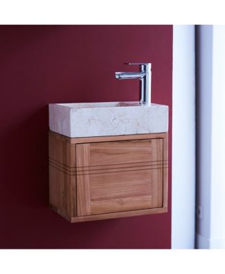 Basic Teak and Marble Bathroom Vanity Cabinet Cream