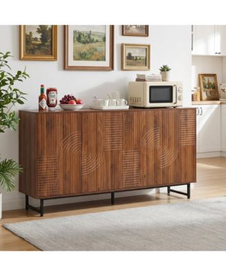 Premium Walnut Mid-Century Sideboard with Geometric Carved Doors