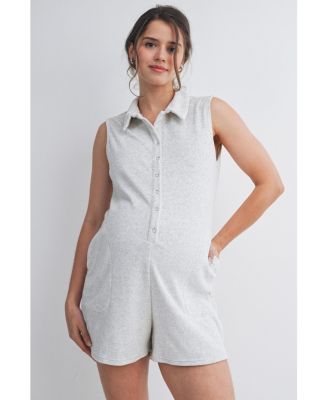 Maternity Sleeveless Button-Front Nursing Romper with Pockets