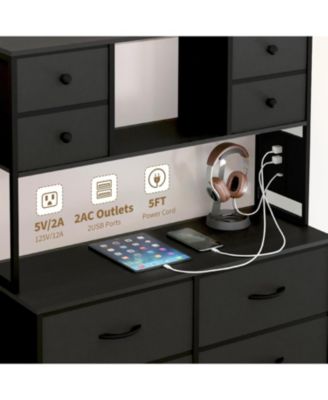 12-Drawer Dresser with Power Outlet & Open Shelves - LED Light Wood Top Metal Frame Fabric Dresser for Bedroom, Hallway