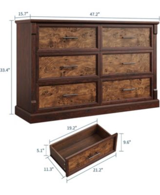 Farmhouse 6 Drawer Dresser 47 Inch Long Wood Chest Organizer Rustic Storage for Bedroom Living Room