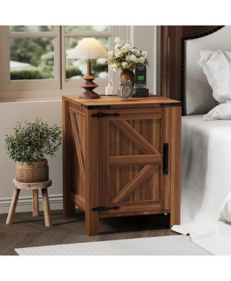 Bedside Tables Set of 2 with USB Charging Station – Rustic Wooden Bedside Tables with Sliding Barn Door, Adjustable Shelf