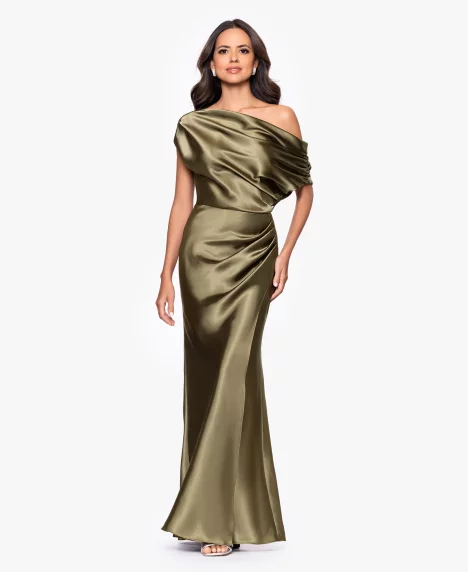 Petite Draped Asymmetrical Neck Ball Gown - Olive
