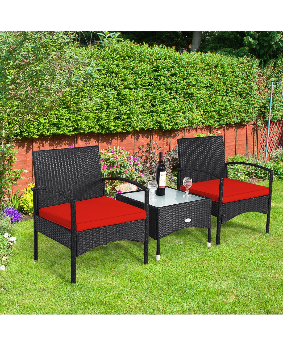 Gymax 3 Pcs Patio Wicker Rattan Furniture Set Coffee Table & 2 Rattan Chair w/ Cushion
