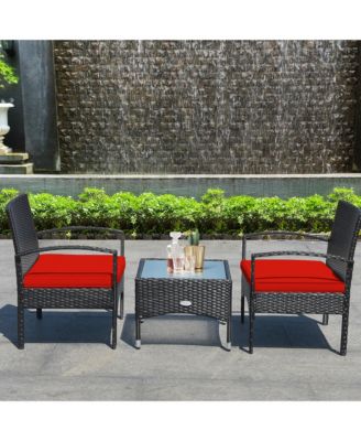 3 PCS Patio Wicker Rattan Furniture Set Coffee Table & 2 Rattan Chair w/ Cushion