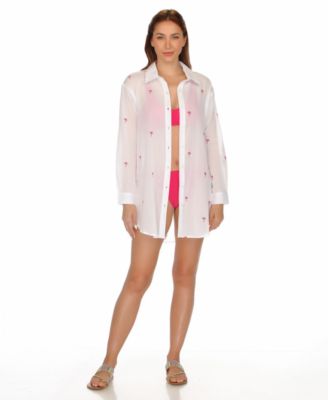 Women's Embroidery Sea Shell Button-Down Cover-Up Shirt