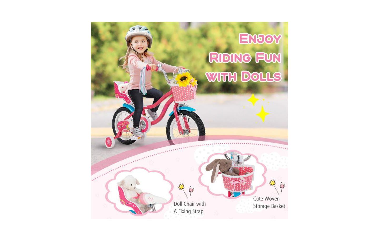 Детская игрушка HONGGE 14 Inch Girls Bike with Doll Seat and Training Wheels, Ages 3-5, цвет: Розовый — фото 6