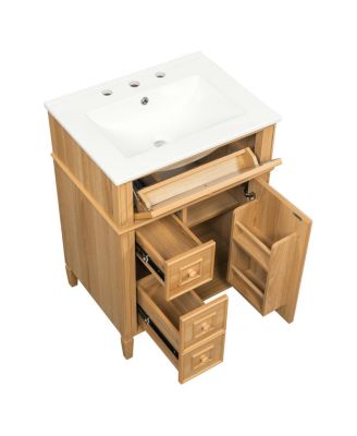 24" Freestanding Bathroom Vanity with Ceramic Sink, Solid Wood & MDF, Soft-Close Drawers, Flip-Out Storage for Modern Bathrooms