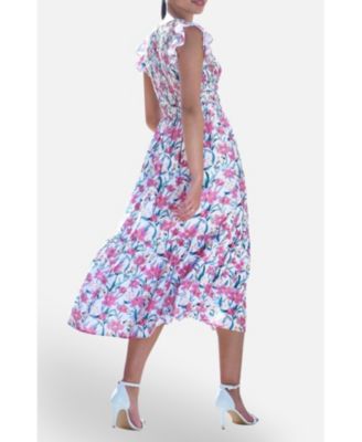 Women's Viscose Floral Ruched Waist Midi Dress