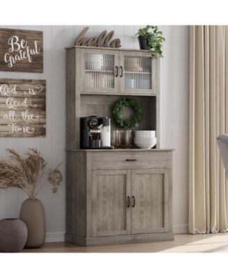 Kitchen Pantry Cabinet with Microwave Stand & Coffee Bar,Wooden Freestanding Hutch Cabinet with Adjustable Shelves and 4 Doors