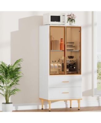 Modern Kitchen Pantry Cabinet with Drawers Glass Doors Adjustable Shelves Fluted Storage for Dining Room Home Office