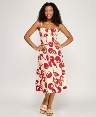 Juniors' Cherry Printed Sweetheart Neck Midi Dress