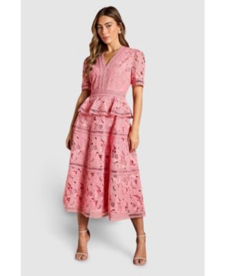 Women's V Neck Tiered Lace Midi Dress