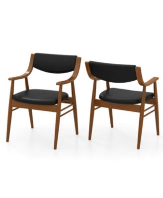 Set Of 4 PU Leather Dining Chair w/ Padded Seat and Back Armrests Rubber Wood Frame