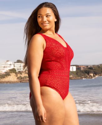 Plus Size Color Play Crochet Plunge One-Piece Swimsuit