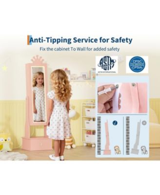 Kids Jewelry Armoire with Full-Length Mirror and LED Light, Child Jewelry Cabinet with 3 Storage Drawers