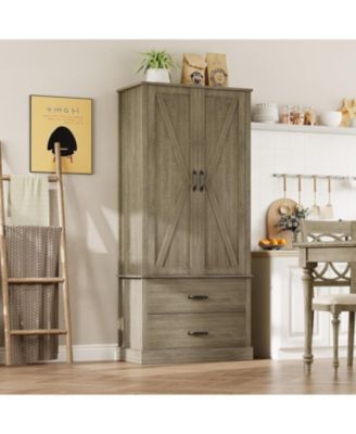 Kitchen Pantry Cabinet, Barn Door Kitchen Cabinet with Barn Doors, Drawers and 2 Adjustable Shelf, Freestanding Tall Hutch for Kitchen