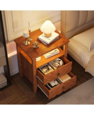 LED Night Stand with 2 Storage Drawers and Stable Wooden Legs, Farmhouse Nightstand w/V-Shaped Design & Open Storage Shelf