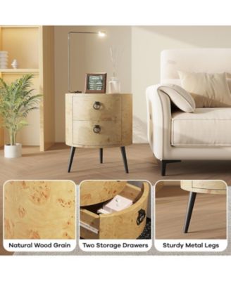 Modern Round Wood-Grain Side Table with 2 Drawers and Metal Legs