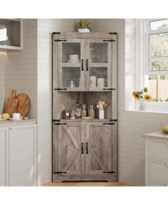 Rustic Farmhouse Tall Corner Cabinet Storage Cabinet with Glass Doors and Adjustable Shelves, Corner Display Cabinet for Kitchen
