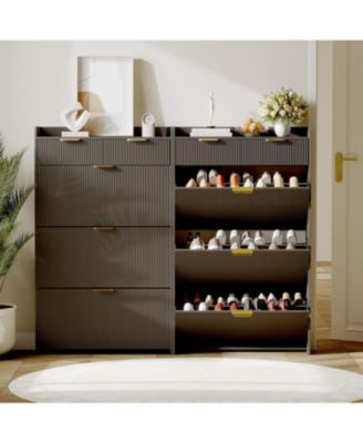 Wave Design Shoe Cabinet with 3 Slip Drawers, 2 Drawers, Raised Edges, Fluted Shoe Cabinet, Slim Hidden Shoe Organizer, Wooden Shoe Storage