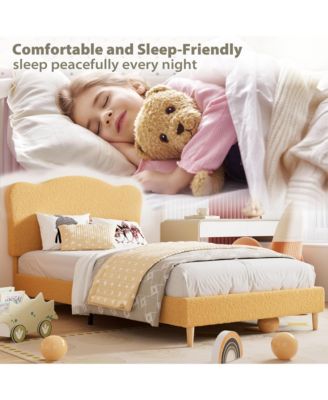 Bed Frame for Kids with Scallop Headboard, Velvet Upholstered, Sturdy Platform