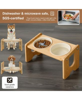 Ceramic Dog Bowl with Stand Adjustable 3 Heights 13&deg; Tilt 2×22 Oz Non-slip Bamboo Stand