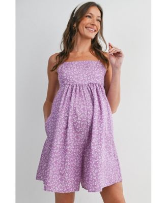 Maternity Floral Square-Neck Adjustable Strap Romper with Pockets