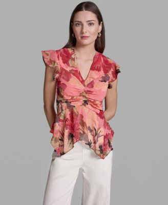 Women's Ruched Flutter-Sleeve Printed Top