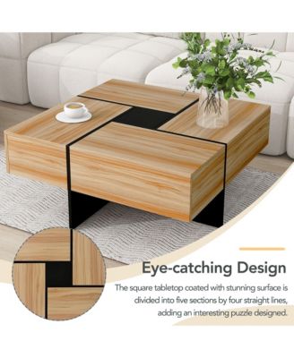 Coffee Table - Square Center Table with 4 Hidden Storage Compartments and Extendable Sliding Tabletop, High-gloss Design for Living Room