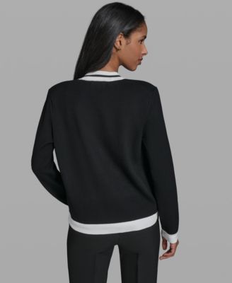 Women's Open-Front Long-Sleeve Knit Cardigan with Contrast Trim