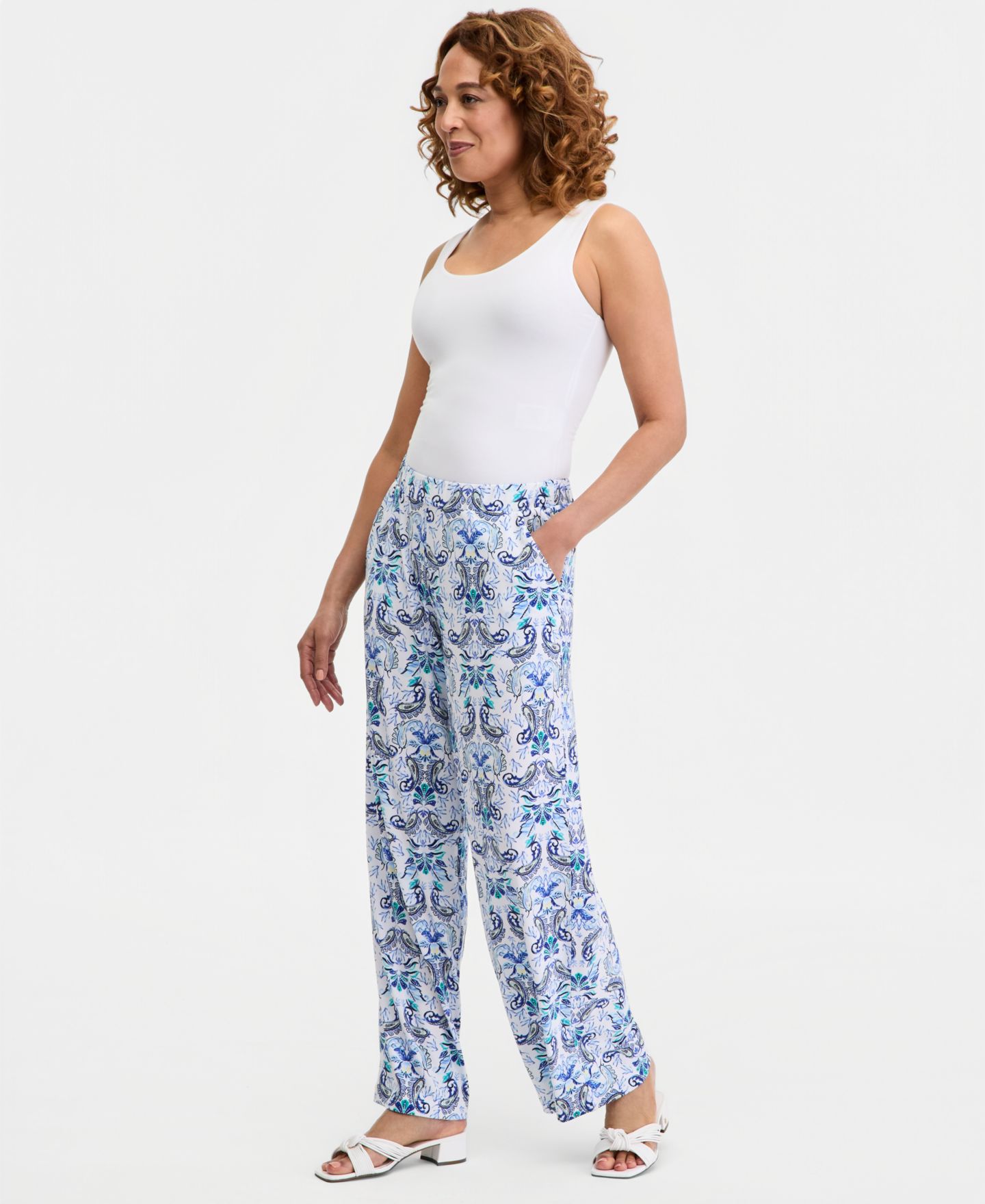 Женские брюки JM Collection Printed High-Rise Pull-On, цвет: Яркий белый — фото 2