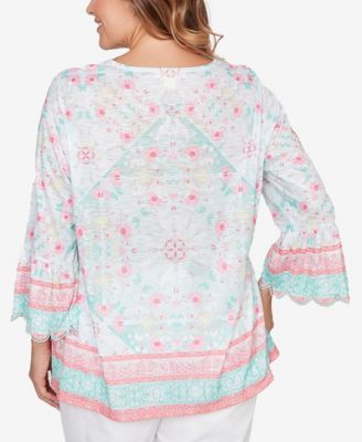Plus Size Scalloped Neck Tapestry Print Knit Top