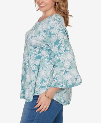 Plus Size Floral Puff Print Ruffle Knit Top