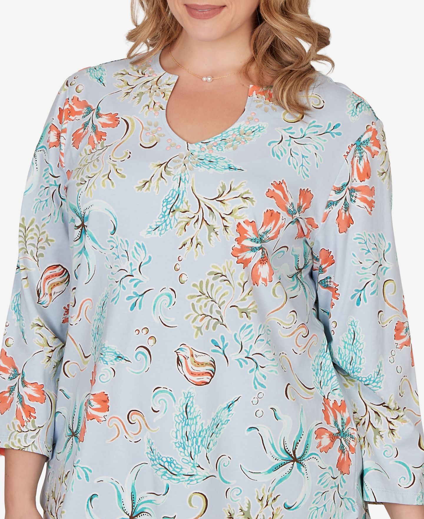Женский топ Ruby Rd. Plus Size Embellished Oceania Floral Knit, цвет: Синий разноцветный — фото 5