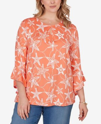 Plus Size Starfish Puff Print Flutter-Sleeve Top