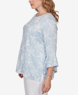 Plus Size Starfish Puff Print Flutter-Sleeve Top