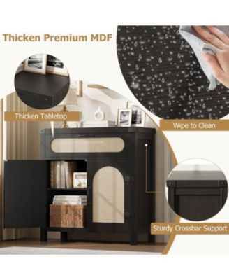 Rattan Sideboard Buffet Cabinet with Drawer, Farmhouse Boho Coffee Bar Storage Console