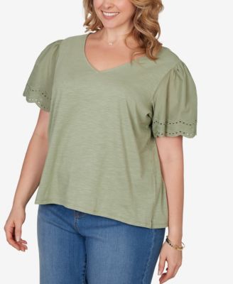 Plus Size Eyelet Poplin-Sleeve Slub Knit Top