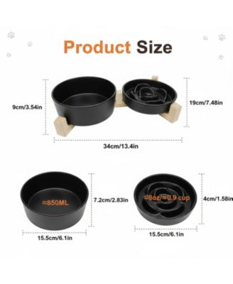 Ceramic Slow Feeder Dog Bowl Set with Wooden Stand Anti-Gulping Anti-Slip Dishwasher Safe