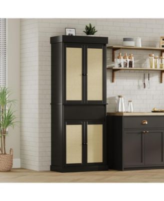 70" Rattan Pantry Cabinet, Pantry Storage Cabinet with 4 Doors, Freestanding Cupboard with 3 Adjustable Shelves