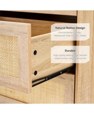 5-Drawer Rattan Dresser, Tall Wood Chest with Metal Legs, Mid-Century